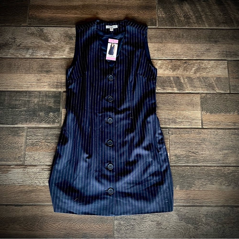 Steve Madden black with tiny silver pinstripes button front dress S